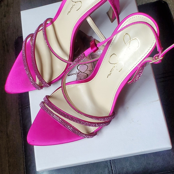 Jessica Simpson Hot Pink Rhinestone Strap Stiletto Sandals - Picture 2 of 4